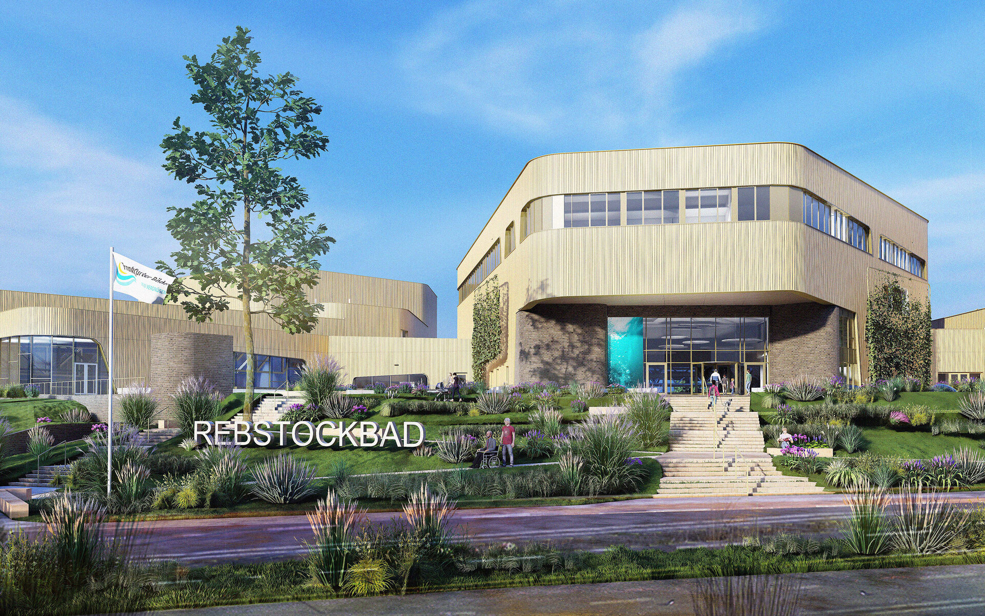 Visualisierung des Rebstockbads mit Außenanlagen zeigt eine Kombination aus Holz und Stein, umgeben von gepflegten Gärten und Bäumen.