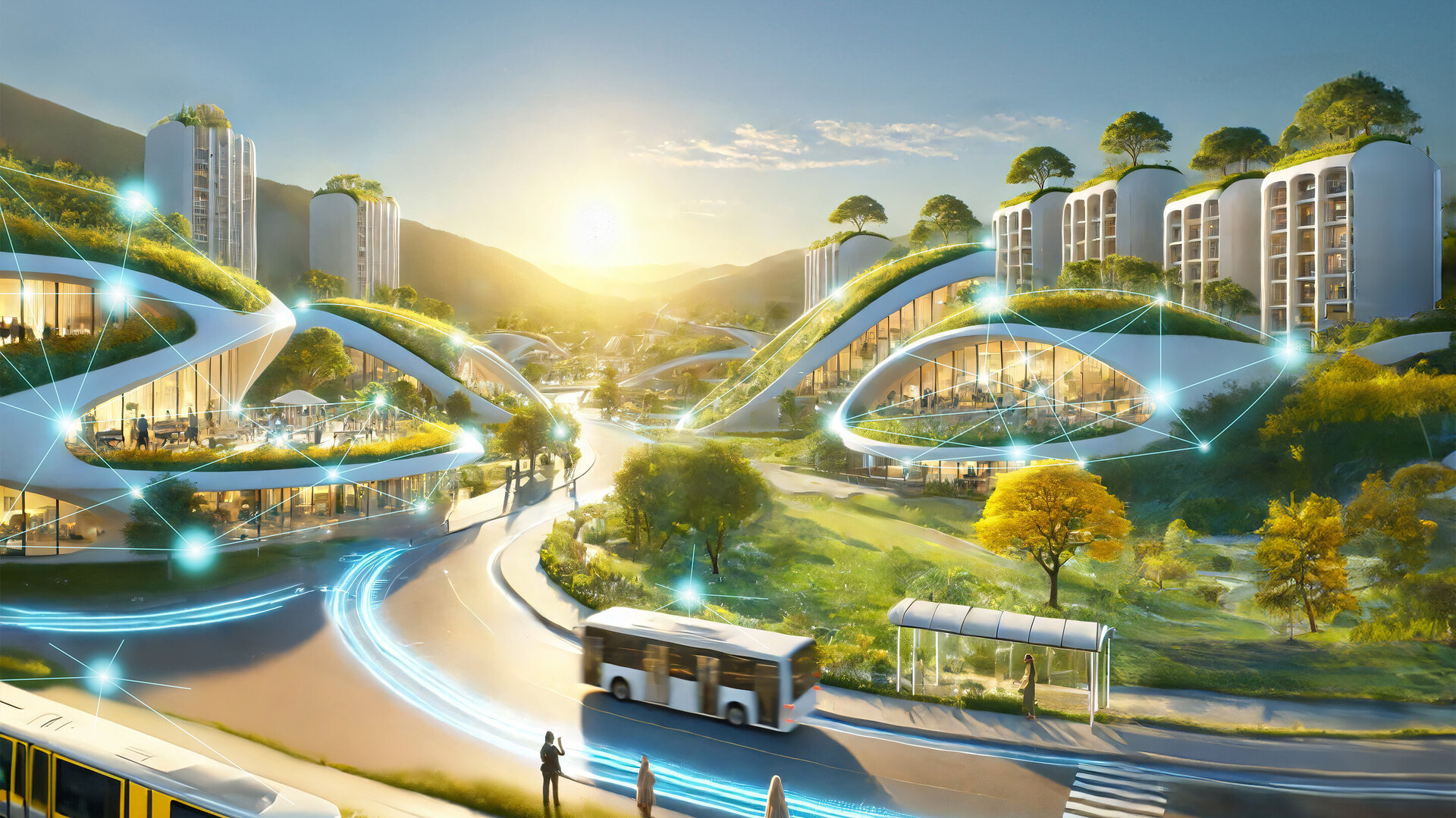 Szene einer futuristischen Stadtlandschaft zeigt eine belebte Straße mit modernen Verkehrsmitteln und einer malerischen Kulisse aus Hügeln und Bäumen.