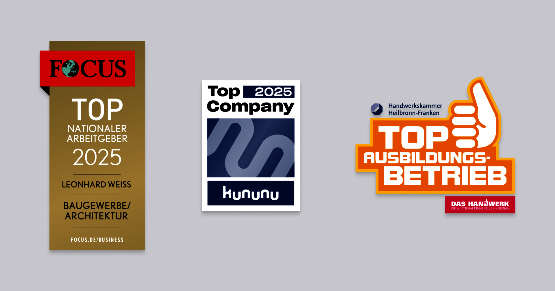 Drei bedeutende Auszeichnungen von Focus, Kununu und der Handwerkskammer Heilbronn-Franken für Leonhard Weiss, die die Qualität als Arbeitgeber und Ausbildungsbetrieb im Bauwesen betonen.