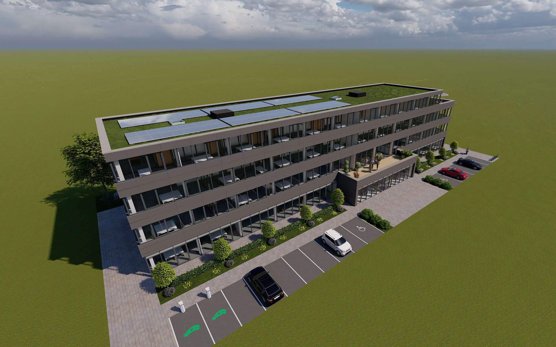Architektur-Visualisierung eines modernen vierstöckigen Bürogebäudes mit großflächigen Glasfassaden, begrüntem Dach mit Solarpanels und vorgelagerter Terrasse. Vor dem Gebäude befinden sich Parkplätze mit E-Ladestationen und barrierefreiem Stellplatz, umgeben von Bäumen und Grünflächen.