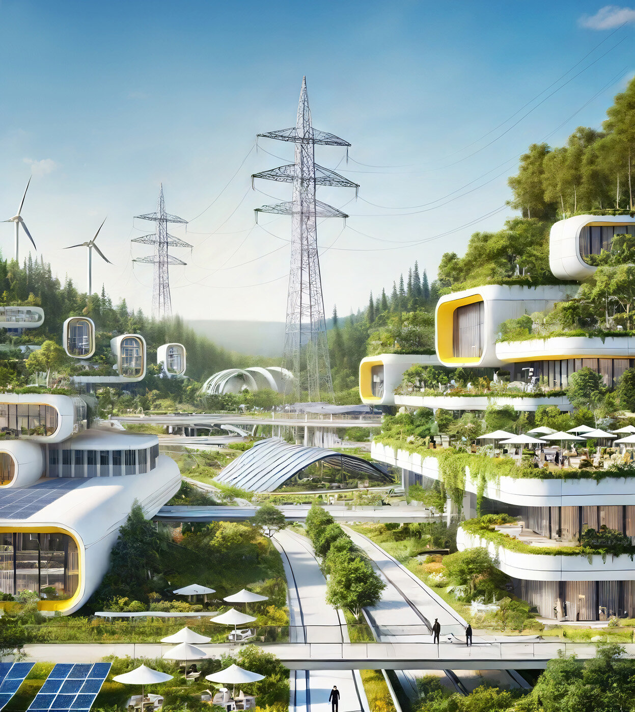 Eine futuristische Stadtlandschaft mit modernen, begrünten Gebäuden und Strommasten sowie Windkraftanlagen im Hintergrund, die Nachhaltigkeit symbolisieren.