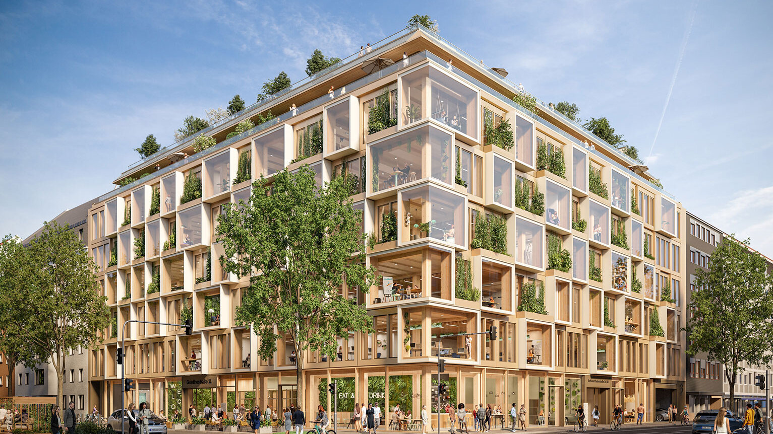 The architecturally appealing building features a façade of wood and glass, with plants on the balconies and a lively environment.
