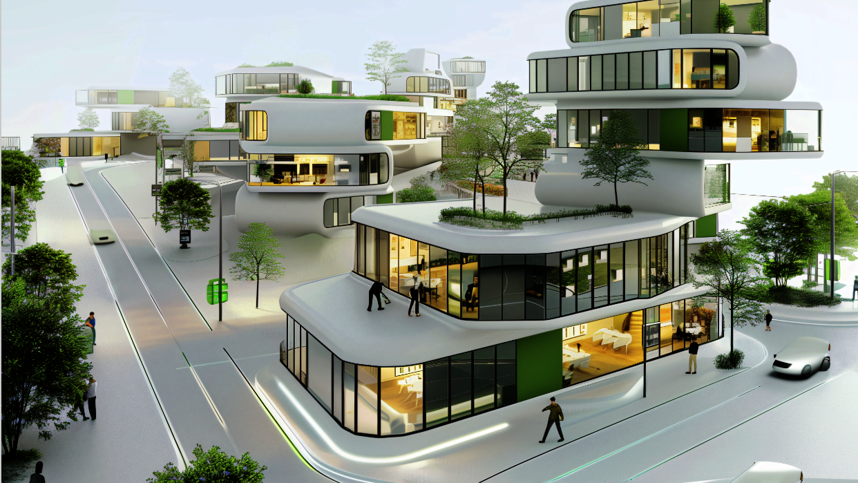 Moderne Gebäude mit geschwungenen Formen und großen Fenstern, umgeben von Bäumen und Fußgängern auf einer hellen Straße.