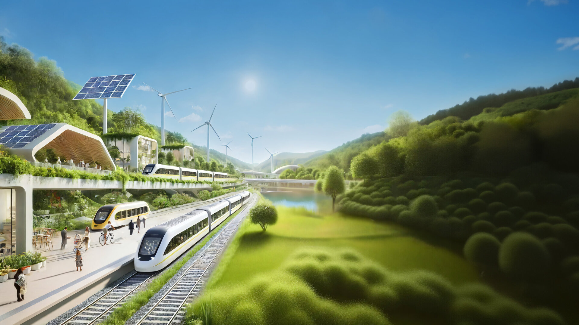 Eine moderne Zugstation in einer grünen Landschaft, umgeben von Windkraftanlagen und Solarpanelen unter einem klaren Himmel.