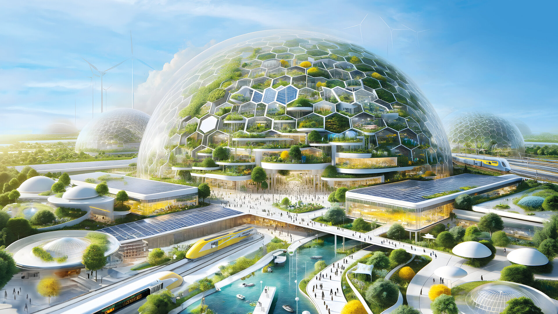 Eine futuristische Stadtlandschaft mit gewaltigen, bienenwabenförmigen Kuppeln, umgeben von üppigem Grün und modernen Gebäuden.