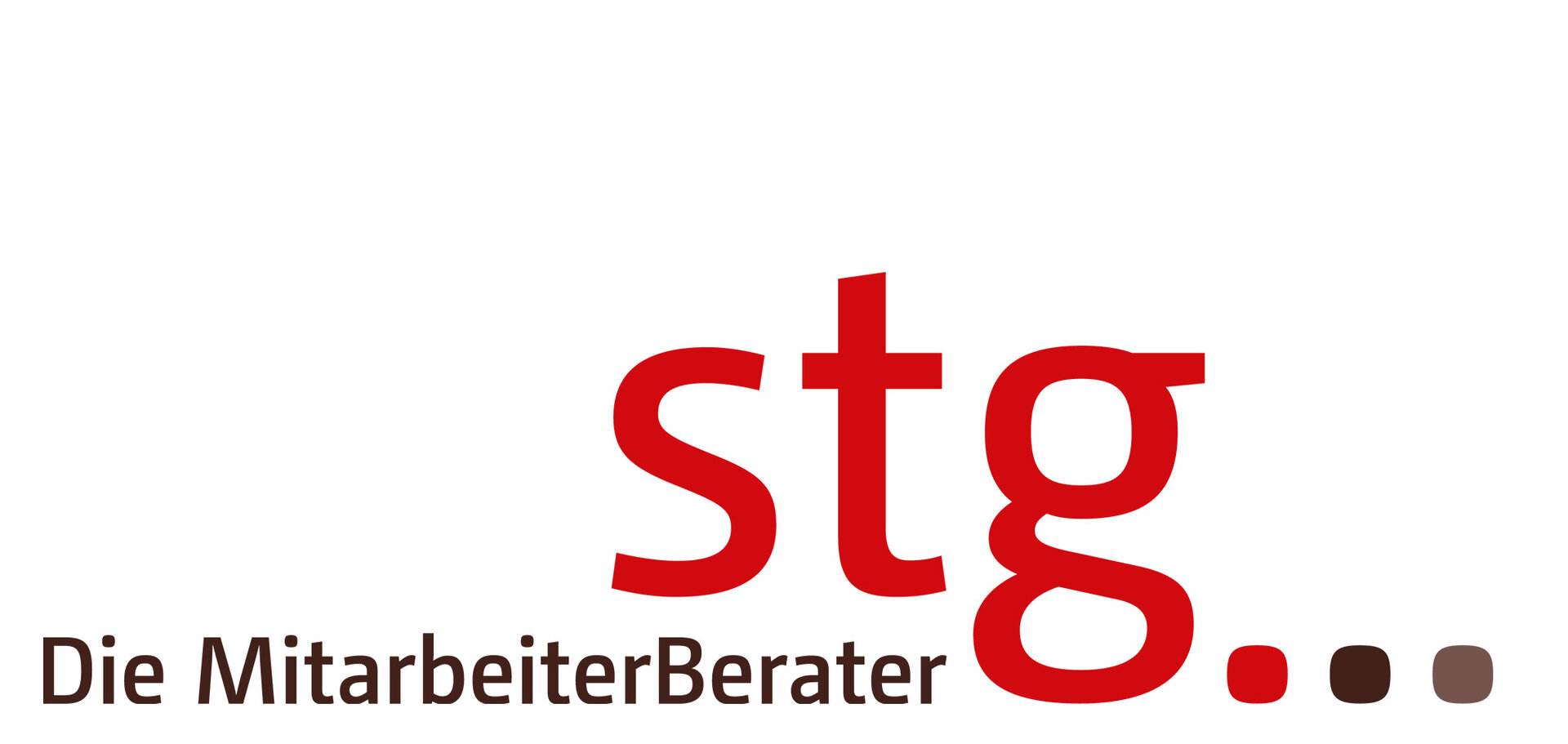 Ein minimalistisches Logo mit dem Wort 'stg' in Rot und dem Untertitel 'Die MitarbeiterBerater' in einer eleganten Schriftart.