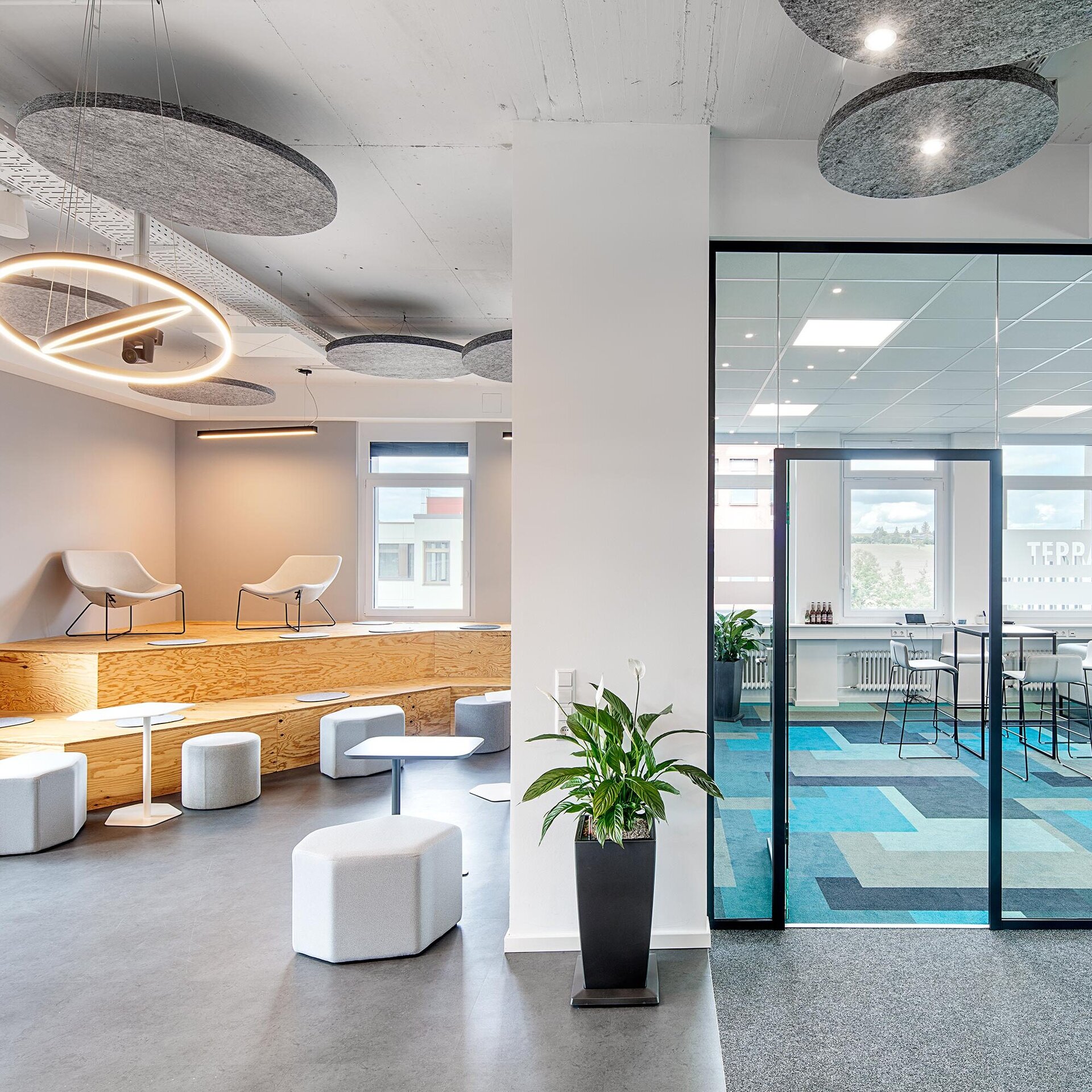 Der Raum ist hell erleuchtet, mit großen Fenstern und einem kreativen Teppichdesign in Blau- und Grüntönen.