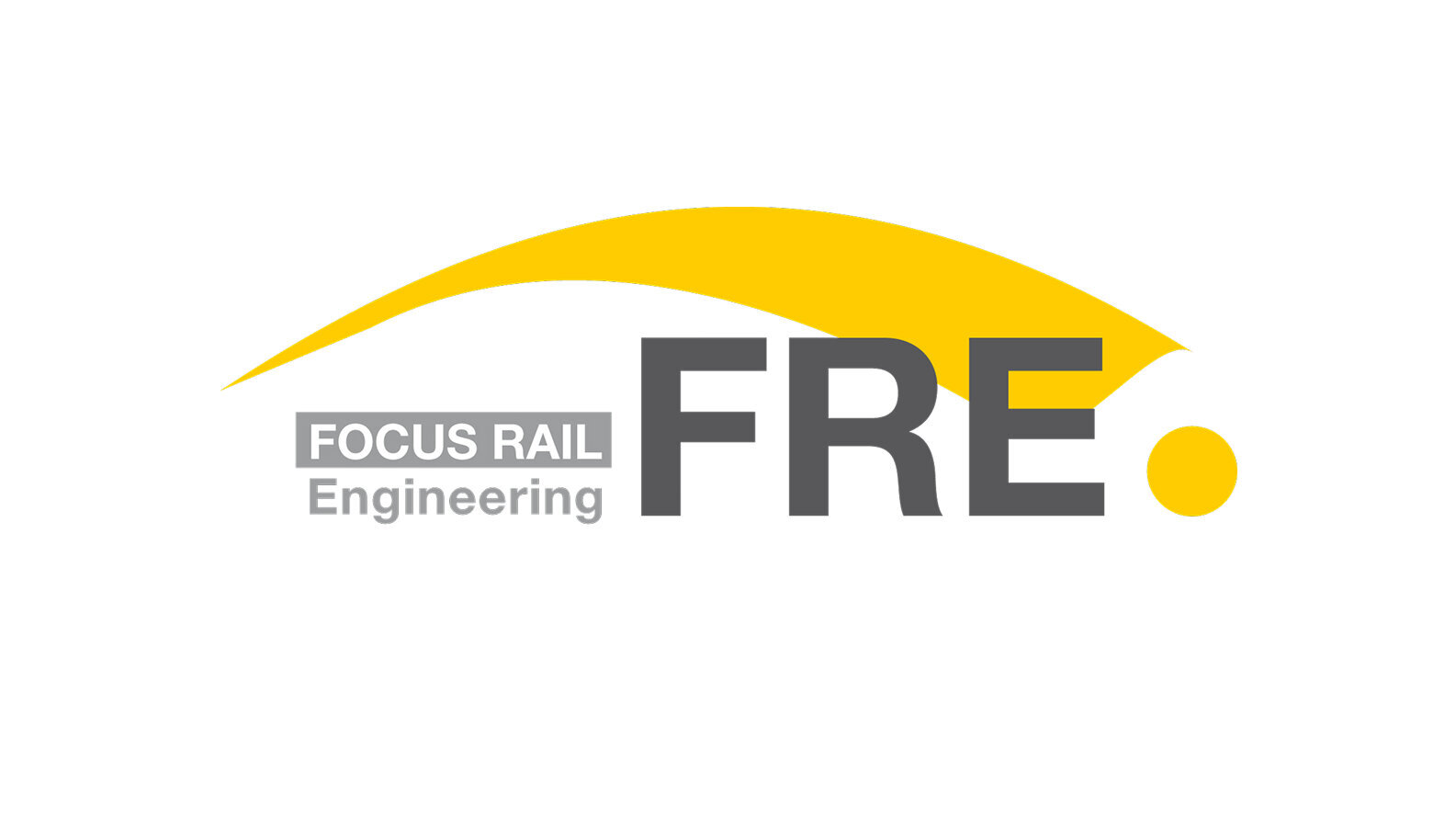 Das Logo zeigt den Schriftzug 'FOCUS RAIL Engineering' neben der Abkürzung FRE in grauer Schrift, begleitet von einem dynamischen gelben Bogen.