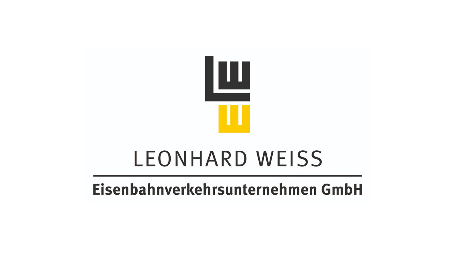 Das Logo von Leonhard Weiss zeigt stilisierte Buchstaben in Schwarz und Gelb, darunter der Firmenname und die Beschreibung.