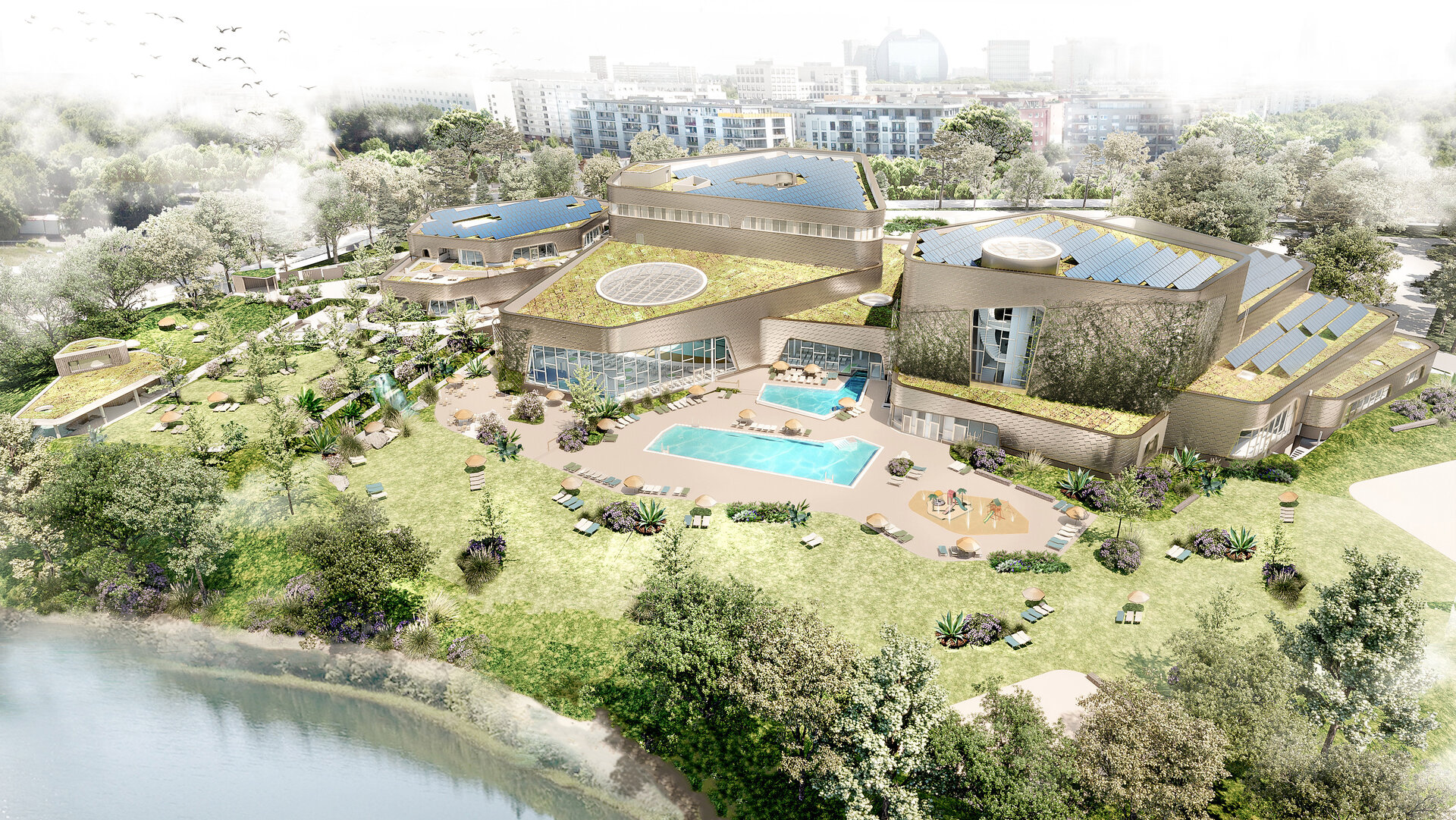 Illustration aus der Vogelperspektive des Rebstockbades zeigt eine moderne, umweltfreundliche Anlage mit Solarpanelen und einem Pool, umgeben von üppigem Grün und blühenden Pflanzen.